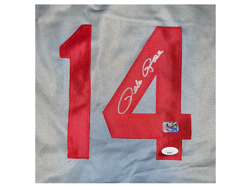 Pete Rose Autographed Cincinnati Gray Baseballs Stats Jersey JSA