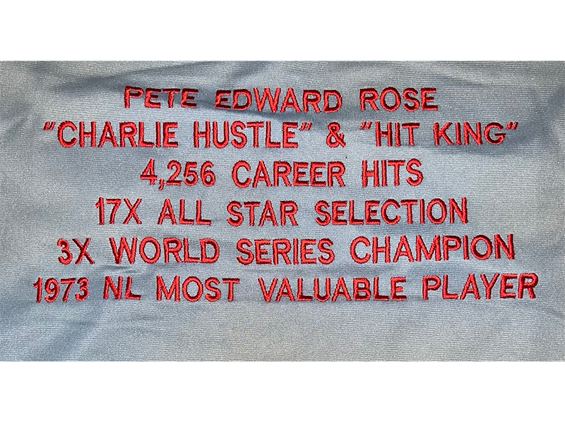Pete Rose Autographed Cincinnati Gray Baseballs Stats Jersey JSA