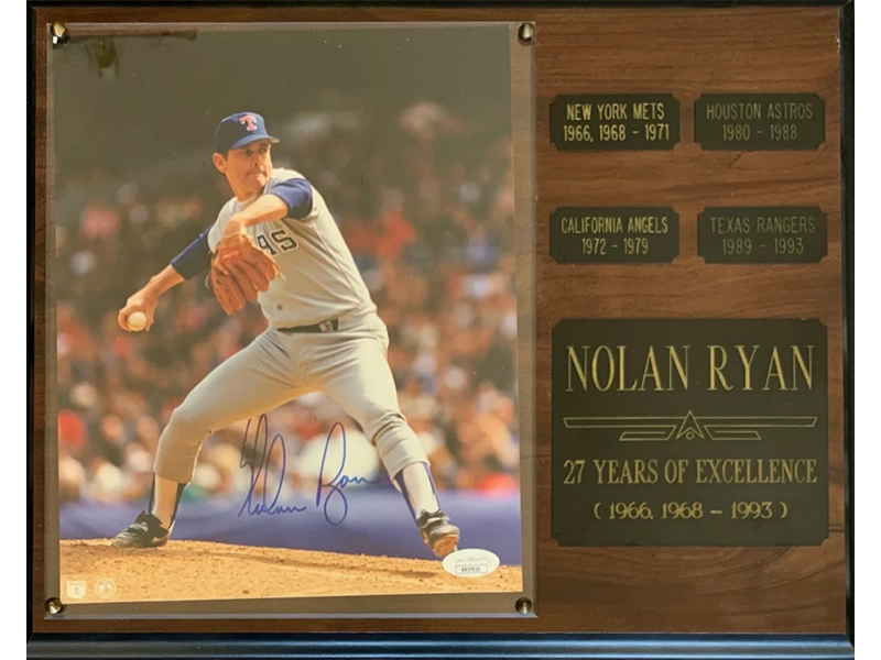 Nolan Ryan Autographed Color 8" x 10" Photo on Wood plaque (JSA)