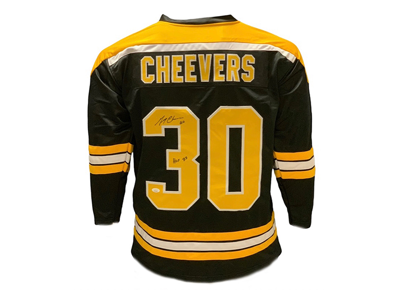 Gerry Cheevers Boston Autographed Hockey Jersey Black (JSA) HOF 85 Inscription