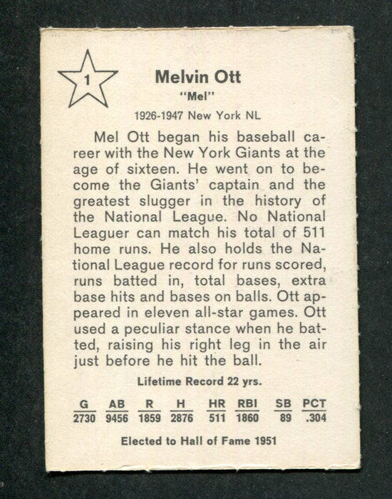 Mel Ott #1 Outfield 1961 Golden Press Original Vintage Baseball Card