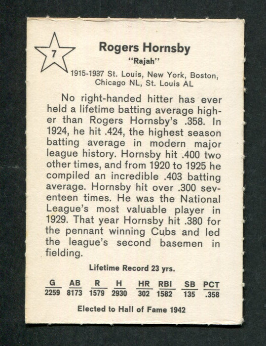 Rogers Hornsby #7 2nd Base 1961 Golden Press Original Vintage Baseball Card