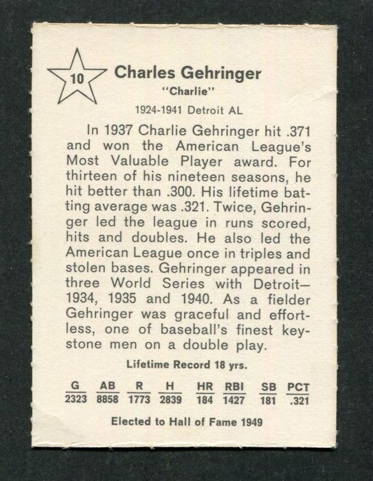 Charlie Gehringer #10 2nd Base 1961 Golden Press Original Vintage Baseball Card