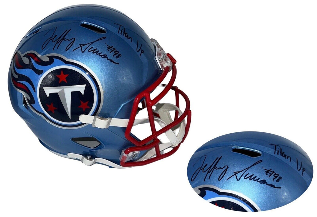 Jeffery Simmons Autographed Light Blue Flash “TitanUP” Insc Full Size Helmet JSA