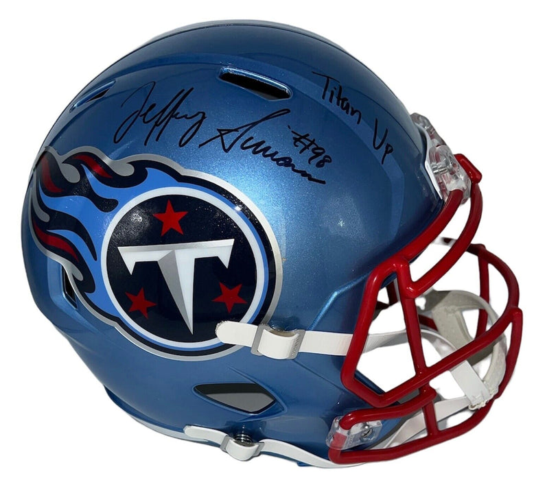 Jeffery Simmons Autographed Light Blue Flash “TitanUP” Insc Full Size Helmet JSA